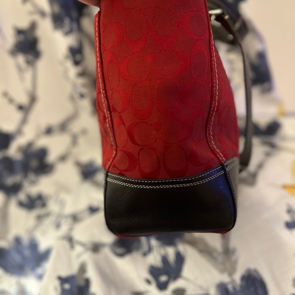 Coach Red Signature Hampton Satchel Handbag Red Leather Trim STYLE F13975. - Picture 4 of 16